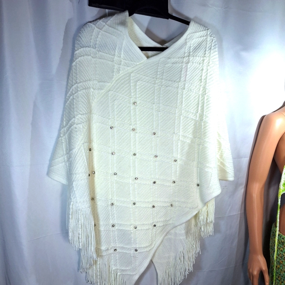 White Fringe Poncho Sweater with Asymmetrical Hem